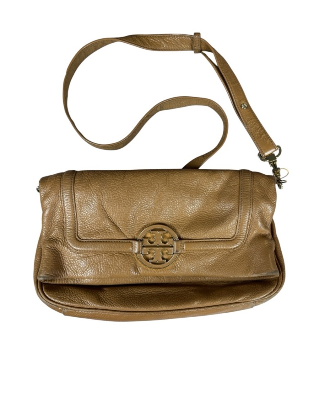 Tory Burch Amanda Camel Tan Pebbled Leather Foldover Crossbody Bag